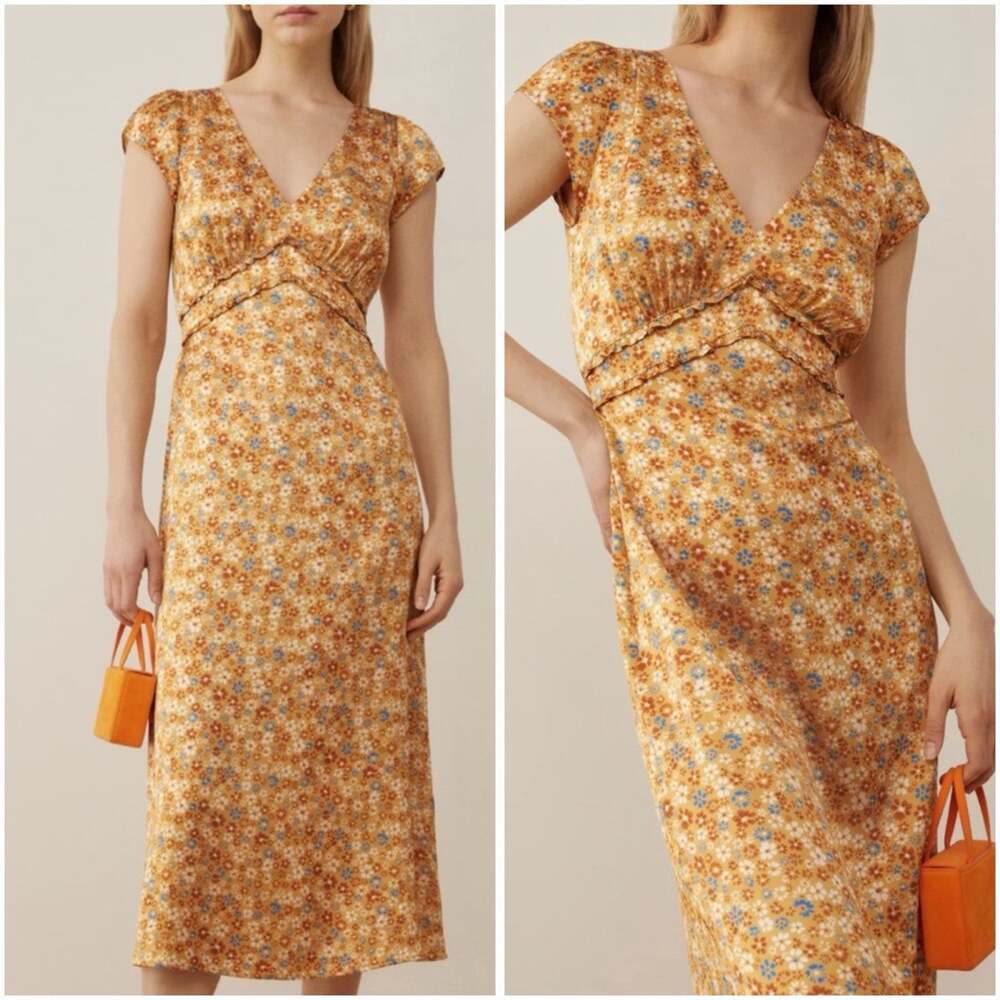 Reformation Kaye 100% Silk Floral Midi Dress Junie Size 6 $278